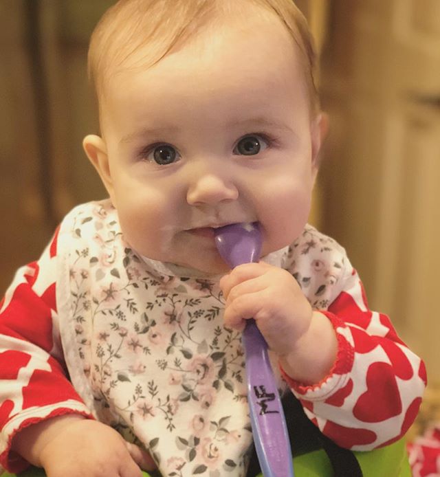 My girl Margot, 6 months old. Working on solid foods. Right now the winners are guacamole and yogurt. #thosecheeksthough
